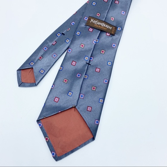 YSL Gray Square Printed Silk 3.25” Tie - Picture 2 of 5